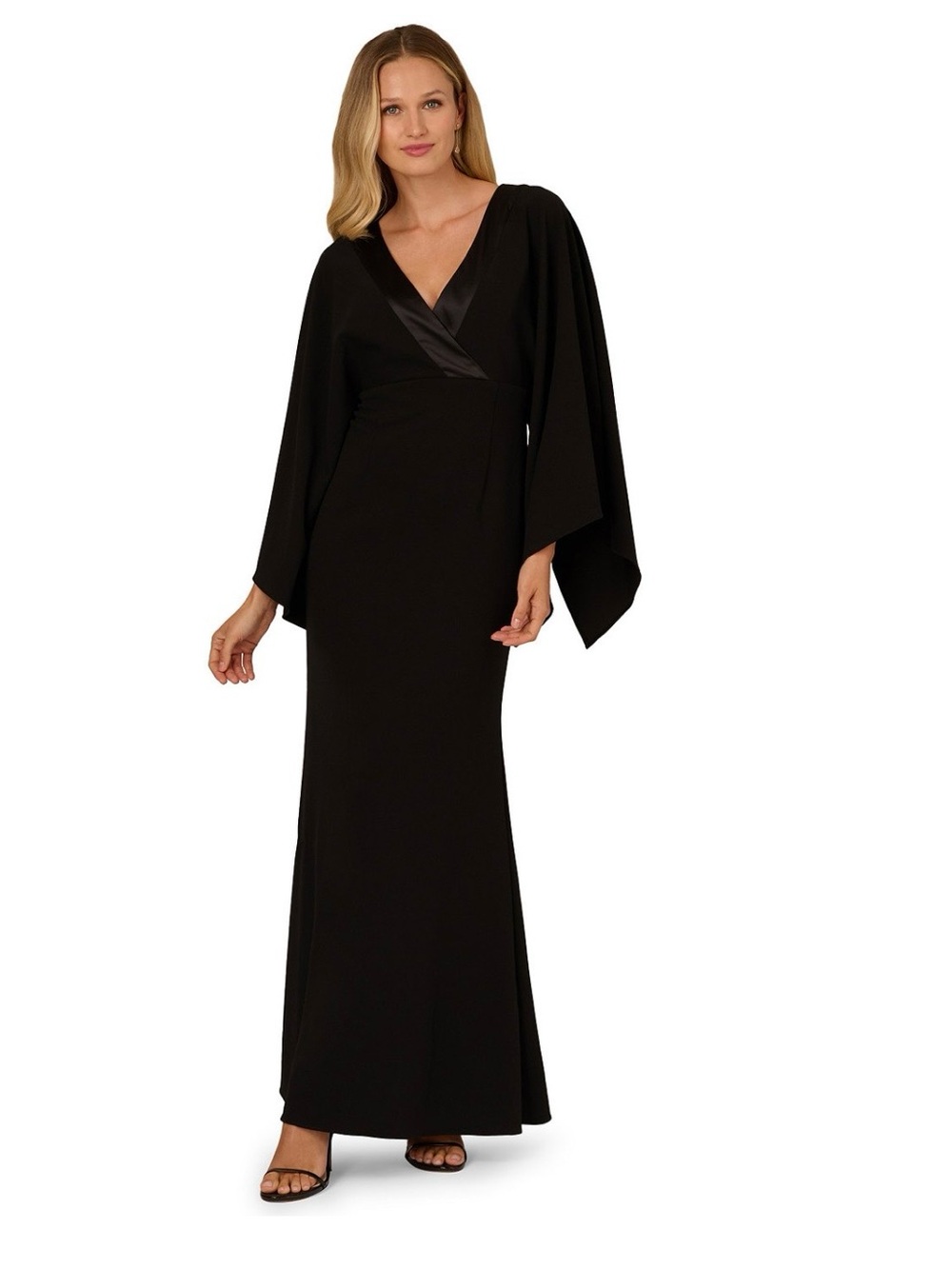 Adrianna Papell V-Neck Crepe Gown Black V-Neck Long Sleeve Evening Gown